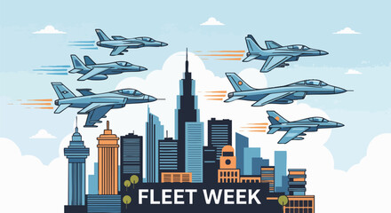 Fleet Week illustration featuring fighter jets flying over a cityscape. This vector graphic evokes military events, aviation, and city life