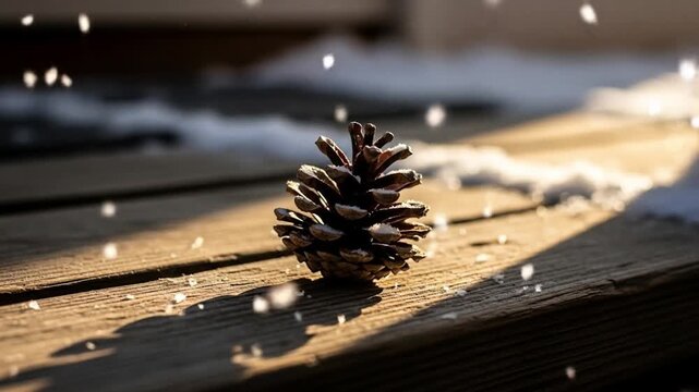 A pinecone sits on wood as snow falls partially shadowed