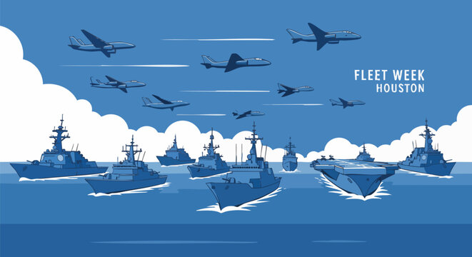 Fleet Week Houston illustration featuring navy warships, aircraft, and clouds