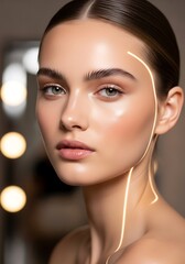Radiant Young Woman's Face with Glowing Contour Lines, Skincare Concept