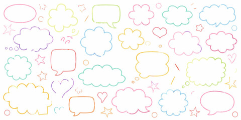 Collection of colorful hand drawn speech bubbles and thought clouds with stars and hearts