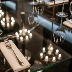 Elegant Table Setting with Silverware, Wine Glasses, and Soft Lighting Reflections