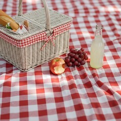 Picnic basket with food and drink on a red and white checkered blanket