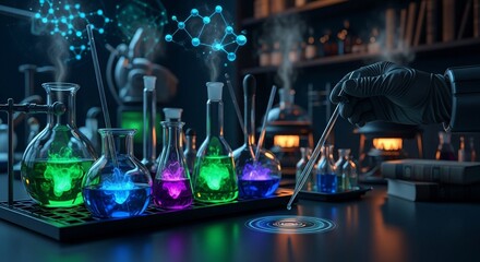 Scientist conducting experiment in laboratory with colorful liquids and molecular models, showcasing scientific research and discovery in a dimly lit environment.