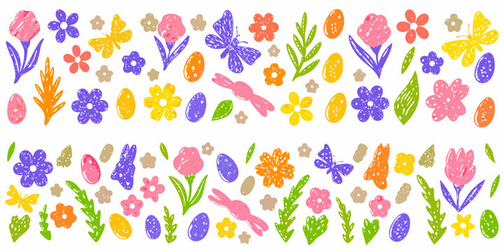 Whimsical hand drawn easter border with flowers eggs butterflies and bunnies in pastel colors