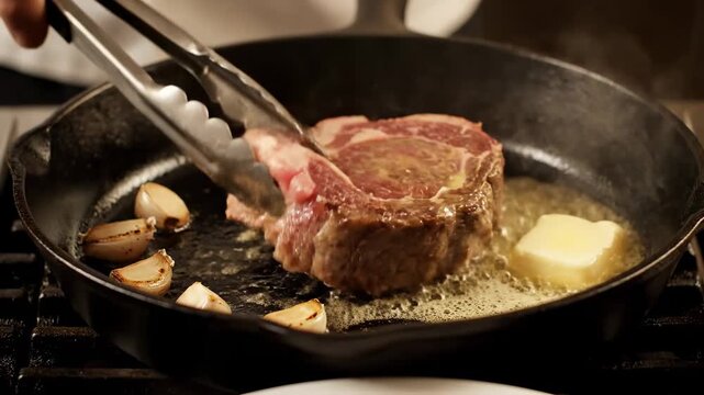 Chef searing steak butter garlic skillet cinematic UHD fine dining food lifestyle stock footage. culinary artist browning beef fat allium pan gourmet eating