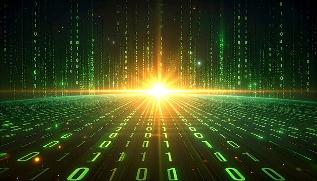 Digital world visualization, with binary code streaming towards a bright sun. Green data streams converge, conveying futuristic innovation - Powered by Adobe