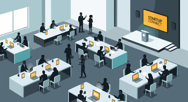 Illustration of a startup connect conference or event. People are attending the event, working on laptops