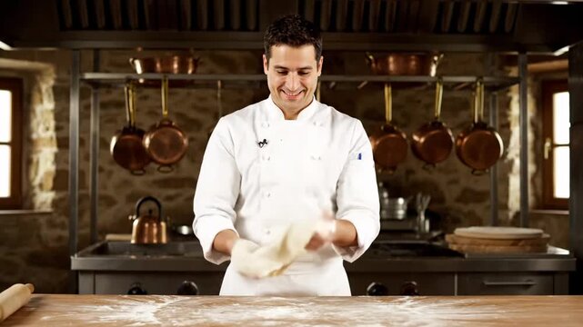 Chef tossing pizza dough high traditional kitchen cinematic UHD Italian cuisine lifestyle stock footage. cook whirling flatbread preparation inside vintage eatery filmic ultra high