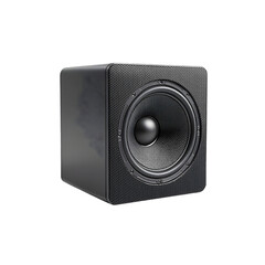 Obraz premium Powerful black square subwoofer speaker for enhanced audio systems, perfect for home theaters and music lovers