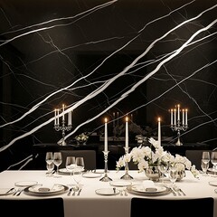 Elegant Black Marble Interior with Formal Dining Table and Candlelight