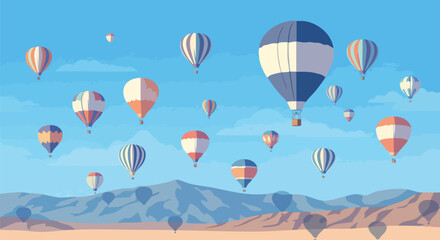 Illustration of colorful hot air balloons flying over a desert landscape with mountains, creating a scene of travel, adventure, and freedom
