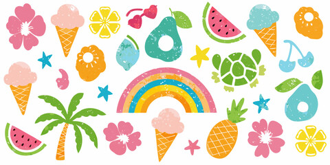 Colorful summer vacation icons and elements collection featuring ice cream flowers fruits and tropical beach vibes