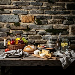 Rustic Table Setting with Bread, Cheese, and Fruit Basket against Stone Wall