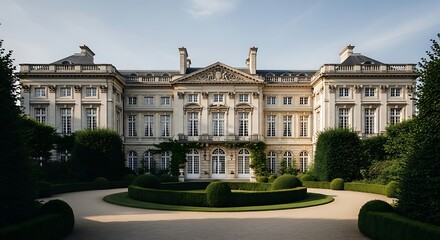 Elegant historic European mansion with a grand facade and meticulously manicured gardens, featuring classical architecture and a sweeping circular driveway