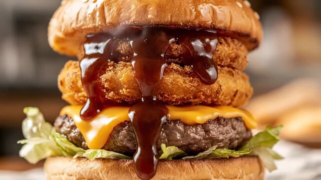 Close up burger topped onion rings barbecue sauce cinematic UHD handheld American fast food lifestyle stock video. juicy hamburger fried bulb circles smoky condiment