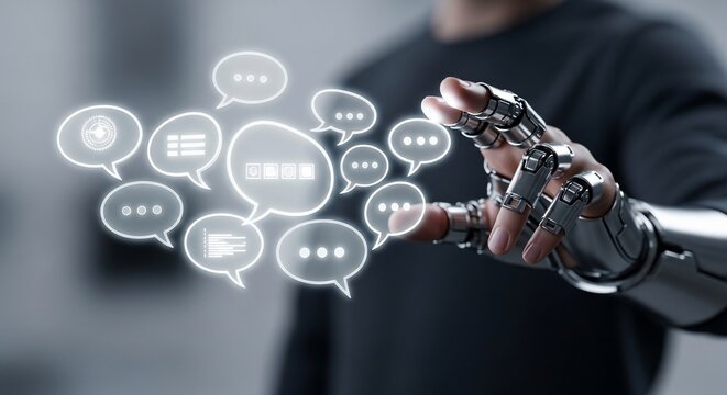 Robotic hand interacts with glowing speech bubbles representing communication and artificial intelligence in a futuristic and technological setting, conveying innovation and progress.