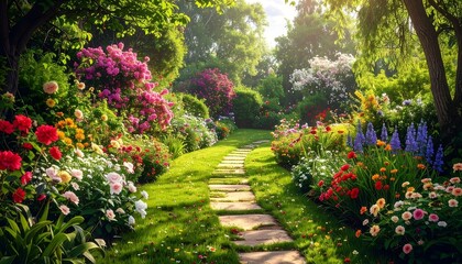 Naklejka premium A sun-drenched garden path winds through vibrant flowerbeds bursting with colorful blooms, creating a serene and joyful atmosphere.