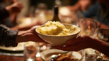 Hands passing mashed potatoes during Thanksgiving meal. Warm holiday atmosphere, shared traditions and delicious seasonal dishes