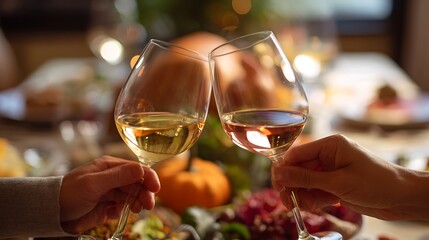 Obraz premium Toast with wine at Thanksgiving feast. Hands clinking glasses over holiday table with pumpkins, autumn decorations and festive food