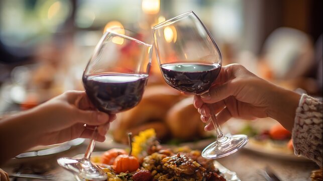Red wine toast during Thanksgiving dinner. Glasses raised above turkey and holiday dishes. Family celebration - Powered by Adobe
