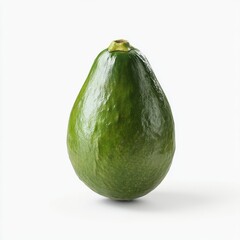 A single ripe green avocado stands upright against a clean white background, highlighting its smooth texture.