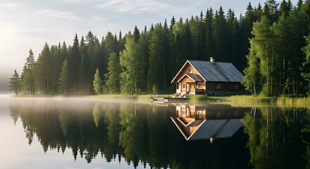 Idyllic log cabin nestled in a pine forest on the edge of a tranquil, foggy lake with a mirror-like reflection at sunrise
