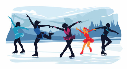 Illustrative vector art of a group of figure skaters performing on a frozen winter landscape