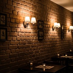 Cozy Brick Wall Interior with Sconces Lighting in Dim Restaurant Atmosphere