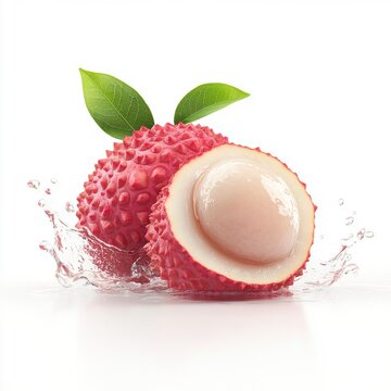 Fresh lychee fruit with leaves splashes in water, showcasing its juicy, translucent pulp and vibrant pink skin.