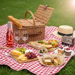 Summer Picnic Basket Delicious Food & Drinks Outdoors