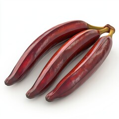 Naklejka premium Three ripe red bananas set against a clean white background, showcasing their smooth, vibrant skin.