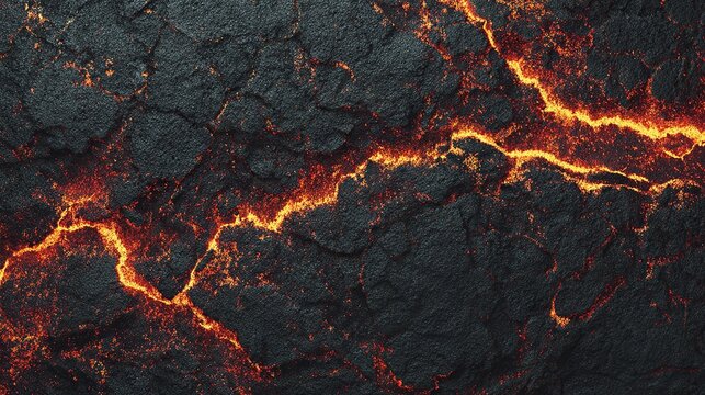 Molten lava flowing through cracked, dark volcanic rock