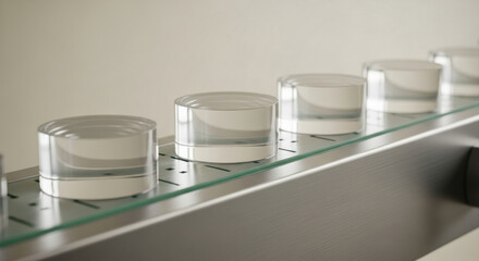 Transparent cylindrical glass objects aligned in row on glass conveyor belt in sterile modern factory environment with soft lighting and reflective surfaces