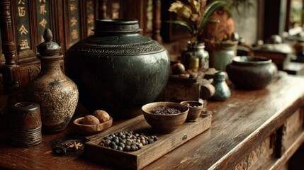 Artistic arrangement of vintage Asian-inspired elements on wooden table