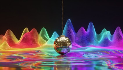 A metallic disco ball suspended by a string, bathed in vibrant, rainbow-hued light. Abstract, colorful waves and patterns surround the ball on a reflective surface