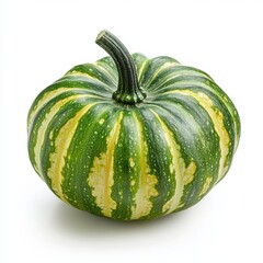 A vibrant green and yellow striped pumpkin, showcasing its unique texture and shape, perfect for fall decorations.