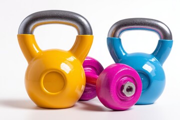 Two kettlebells yellow  blue beside a dumbbell on a white background