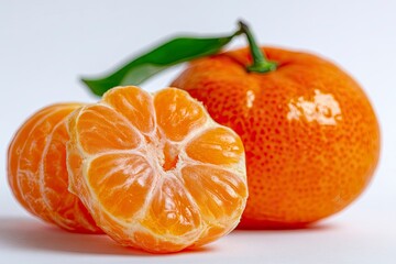 Two tangerines one peeled with a green leaf on a white background