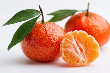 Two tangerines one peeled into segments with green leaves on a white surface