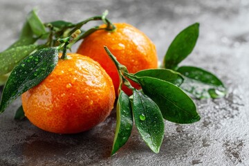 Two tangerines with green leaves covered in water droplets sit on a gray surface