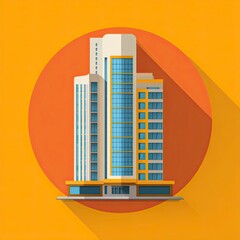 Vector illustration multistory building with glass windows on a burnt orange circular background