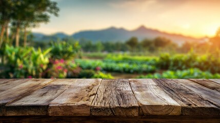 Weathered wood table over a blurred garden landscape with mountains in the background
