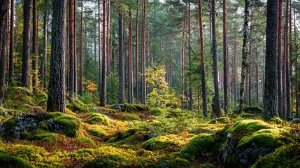 Obraz premium Beautiful Latvian forest landscape in autumn colors. Amazing sea side Pine tree forests with fresh and soft moss ground. High quality