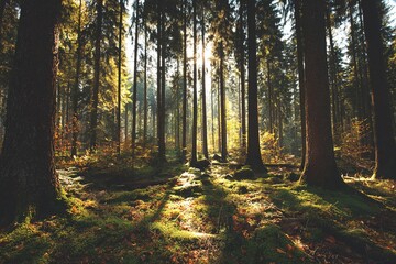 Obraz premium autumn forest trees. nature green wood sunlight backgrounds. High quality