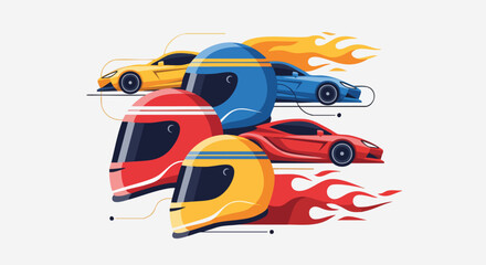Vector illustration showcasing the excitement of auto racing with a vibrant arrangement of racing cars and helmets, evoking speed, competition, and high-performance sport