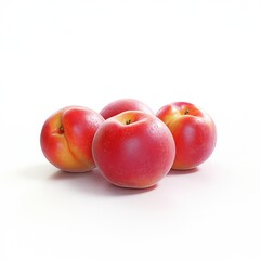 Four vibrant red apples arranged artistically on a clean, white background, showcasing their glossy skins.