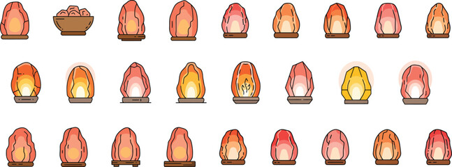 A wide variety of natural salt lamp shapes a vector set of 26 different glowing Himalayan salt rock lamps An illustration for wellness, meditation and deep relaxation concepts