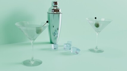 Cocktail shaker with two martini glasses and ice cubes