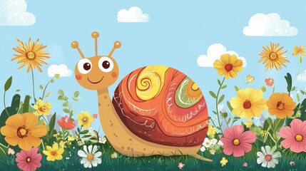 A cheerful snail in a vibrant flower garden.